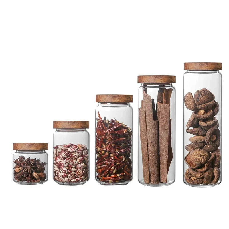 1Pcs Wood Lid Orgnizer Glass Airtight Canister Kitchen Storage Bottles Jar Sealed Food Container Ginger Cereal Dispenser Set