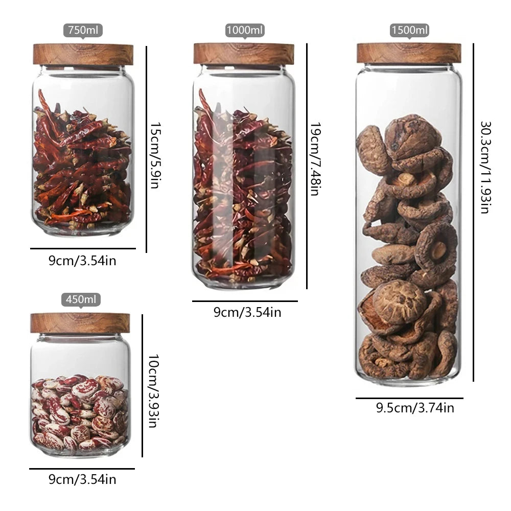 1Pcs Wood Lid Orgnizer Glass Airtight Canister Kitchen Storage Bottles Jar Sealed Food Container Ginger Cereal Dispenser Set