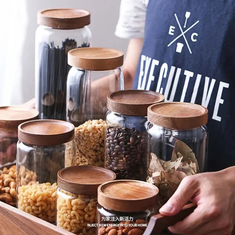 1Pcs Wood Lid Orgnizer Glass Airtight Canister Kitchen Storage Bottles Jar Sealed Food Container Ginger Cereal Dispenser Set