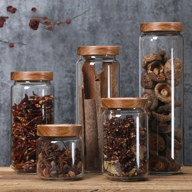 1Pcs Wood Lid Orgnizer Glass Airtight Canister Kitchen Storage Bottles Jar Sealed Food Container Ginger Cereal Dispenser Set