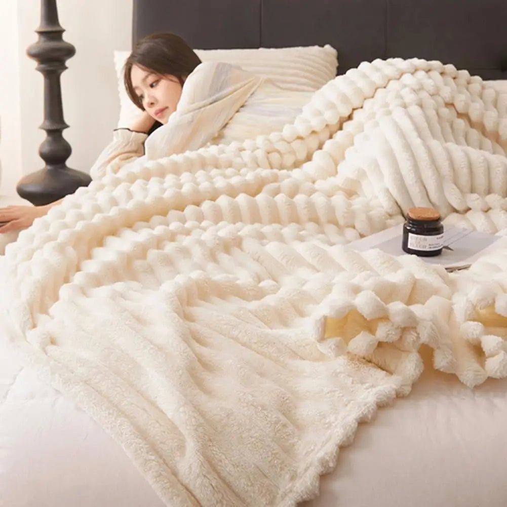 Double-Sided Fleece Blanket Luxurious Throw Blanket Cozy Double-Sided Plush Striped Flannel Blanket for Home Travel for Office