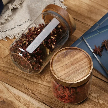 1Pcs Wood Lid Orgnizer Glass Airtight Canister Kitchen Storage Bottles Jar Sealed Food Container Ginger Cereal Dispenser Set
